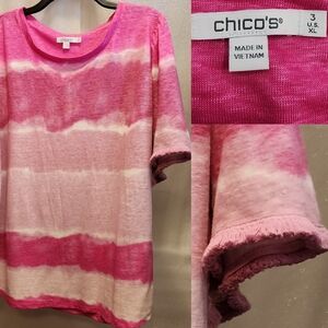 CHICO's Woman's Top • Tie-Dye w/Fringe Detail Sleeves • Shades of Fun PINK • XL